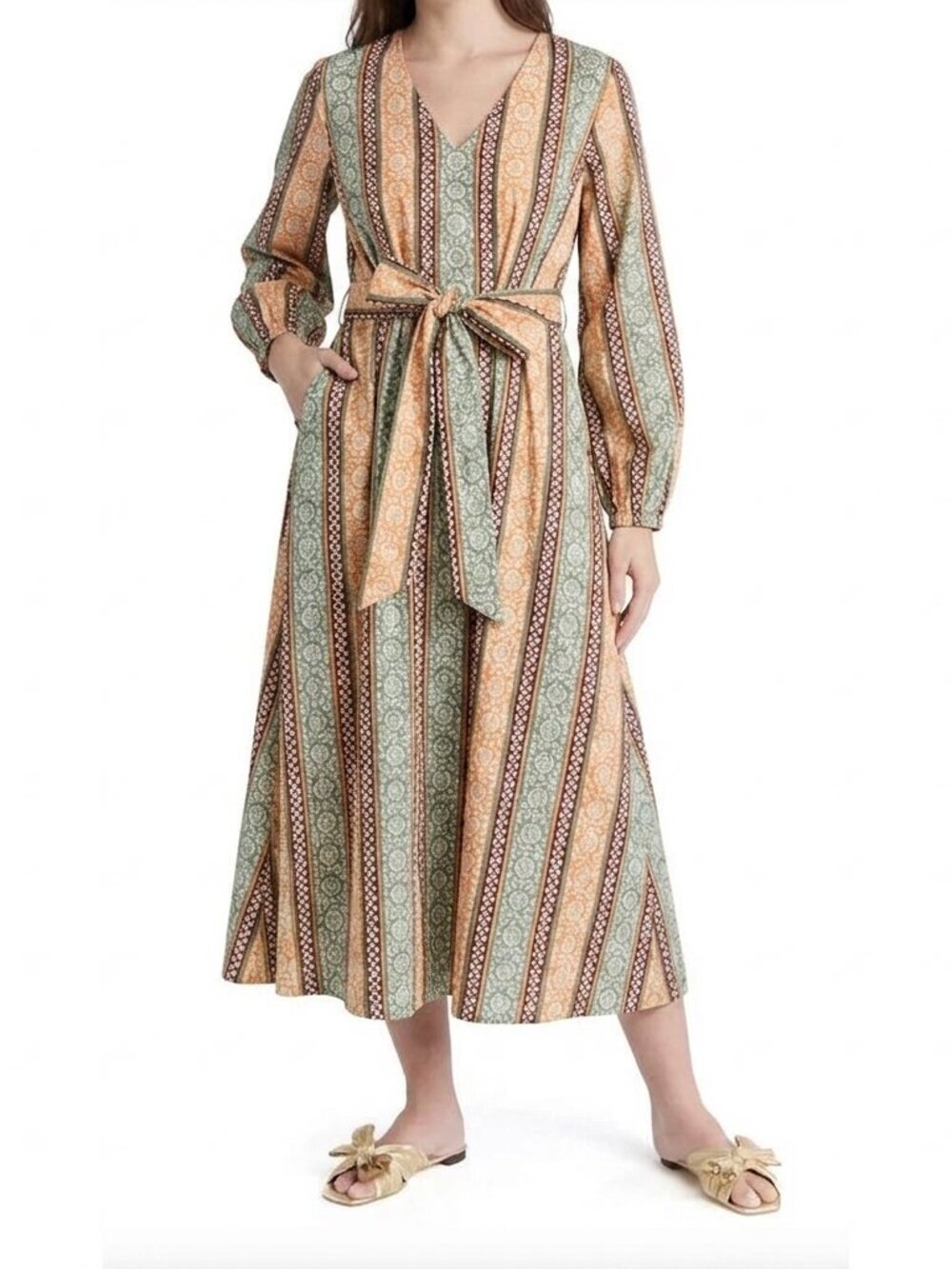 Livro Adler Dress Hand Block Print Cotton Belted Midi Dress Boho Resort NWT XL